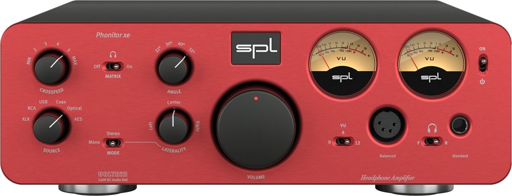 Front view of a red and black SPL Phonitor xe headphone amplifier with various dials, switches, two VU meters, and headphone outputs.