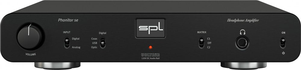 Black SPL Phonitor se headphone amplifier with knobs, switches, headphone jack, and indicator light on front panel.