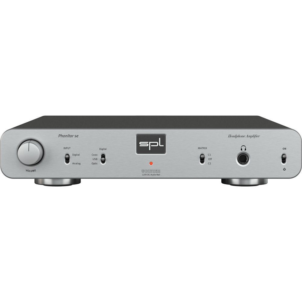 Front view of a silver SPL Phonitor se headphone amplifier with volume knob, toggle switches, and headphone jack.