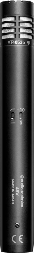 Black cylindrical microphone with model AT4053b and two toggle switches on the front side.