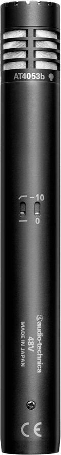 Black cylindrical microphone with model AT4053b and two toggle switches on the front side.