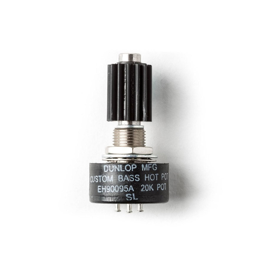 Black rotary potentiometer with silver threaded shaft and three pins labeled Dunlop Custom Bass Hot Pot 20K.