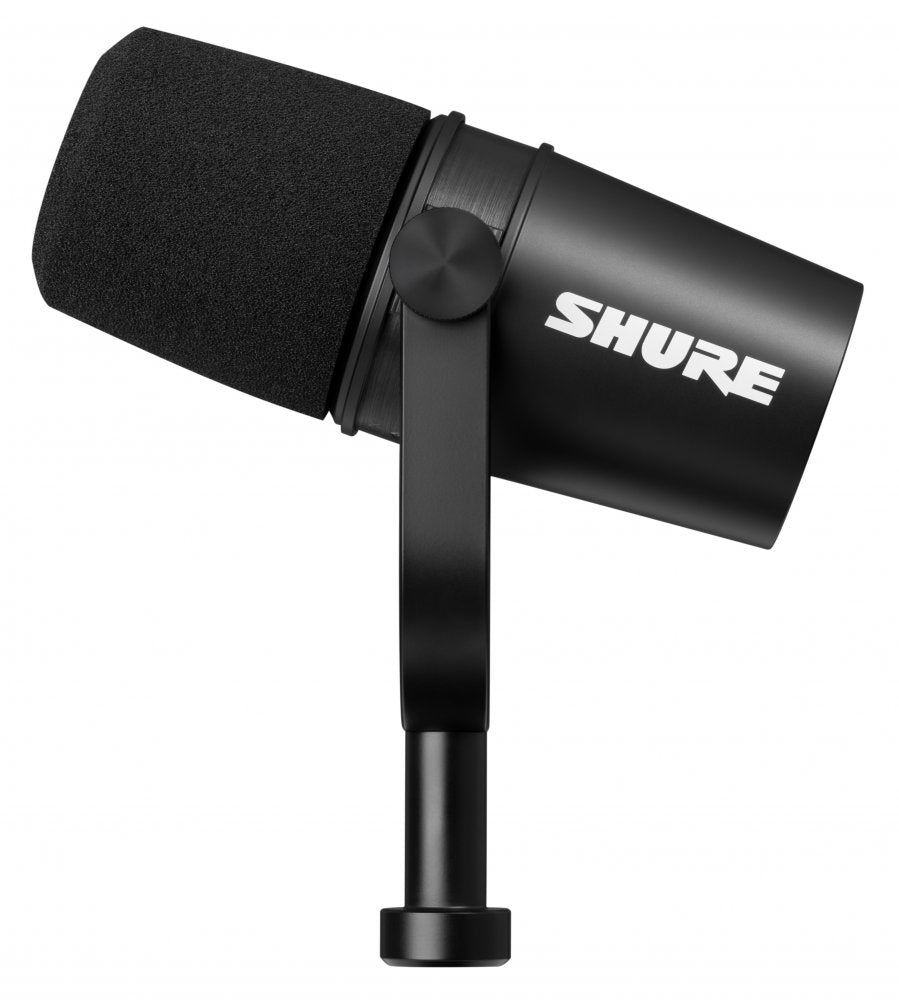 Black Shure microphone with foam windscreen and a side mount arm on a white background.