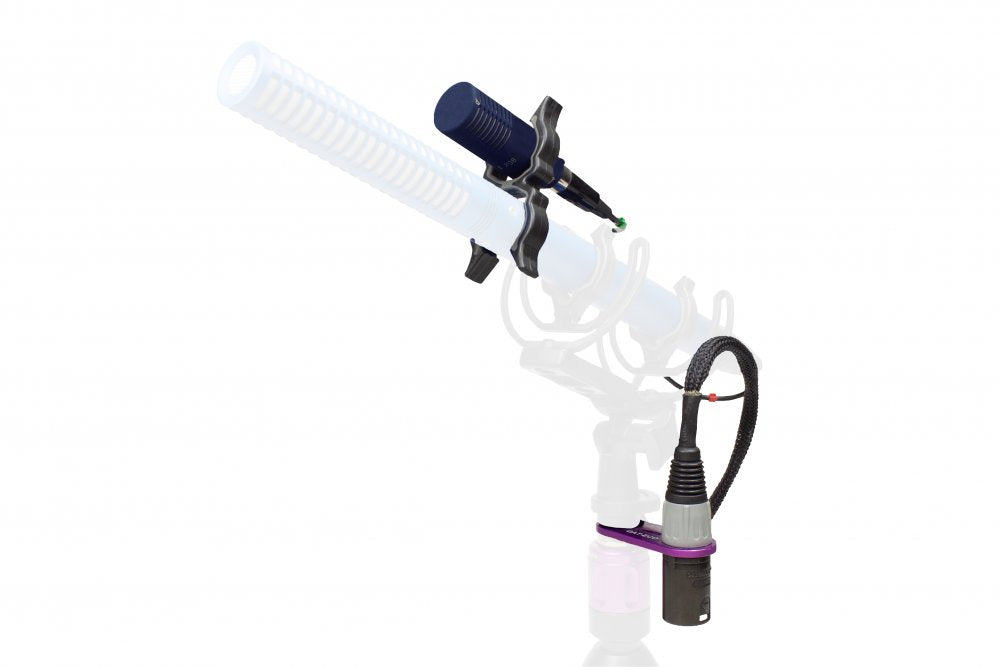 Black microphone clip with attached cable and XLR connector on a purple mounting bracket.