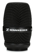 Close-up front view of a black metal mesh microphone grille with a Sennheiser logo band.
