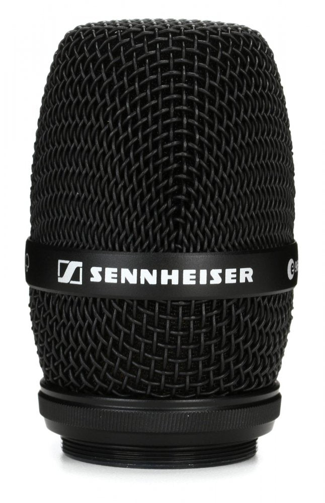 Close-up front view of a black metal mesh microphone grille with a Sennheiser logo band.