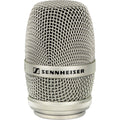 Close-up front view of a silver metal mesh microphone capsule with SENNHEISER branding.