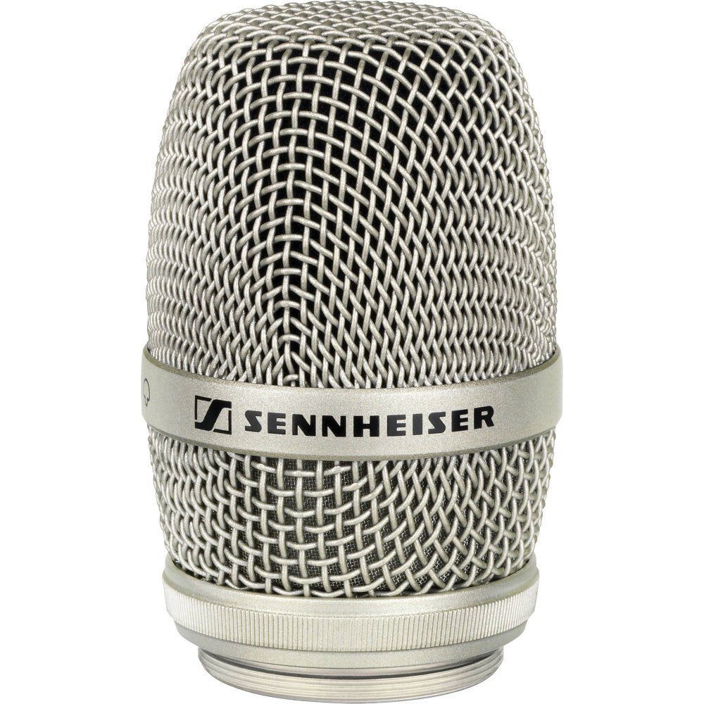Close-up front view of a silver metal mesh microphone capsule with SENNHEISER branding.