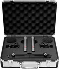 Two small microphones with accessories in a foam-padded hard carrying case.