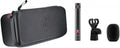 Microphone kit including carrying case, cylindrical microphone, clip mount, and foam windshield shown on white background.