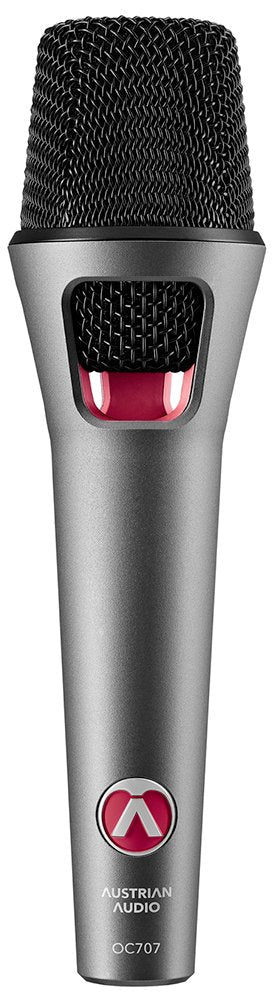 Silver handheld microphone with black mesh grille and red accent showing brand and model name.