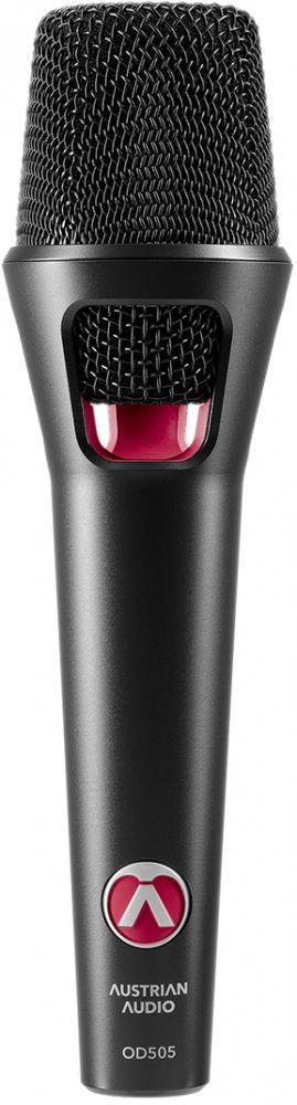 Black handheld microphone with wire mesh grille and red-accented logo and model text OD505.