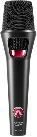 Black handheld microphone with wire mesh grille and red-accented logo and model text OD505.