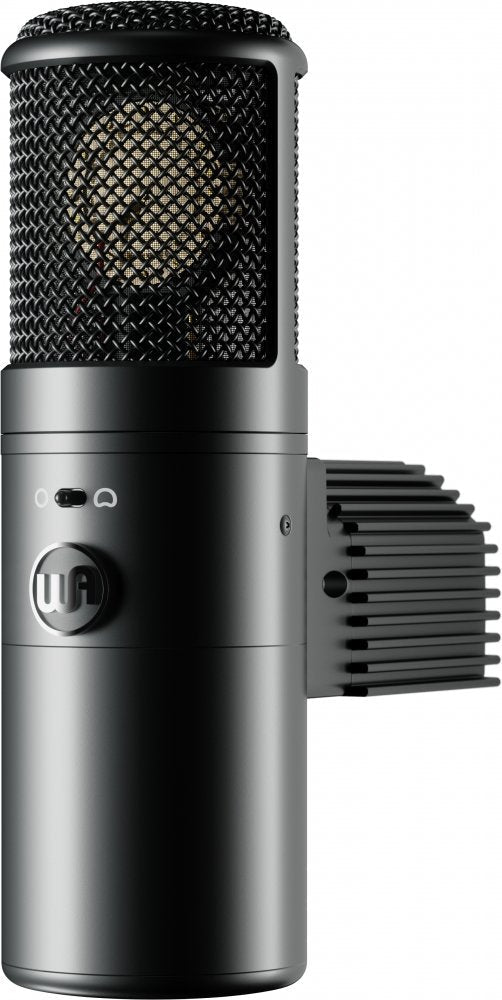 Black and metallic gray studio microphone with mesh grille and side switch on a white background.