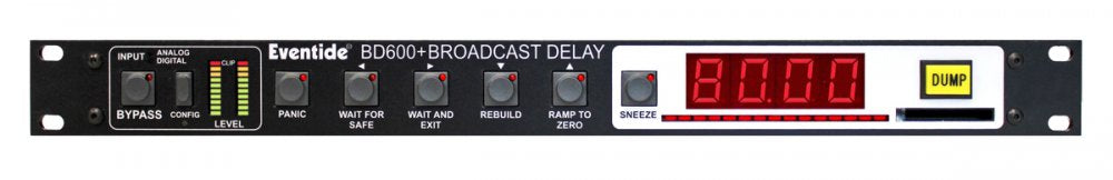 Front panel of Eventide BD600+ Broadcast Delay rack unit with buttons, LED display, and level meter.