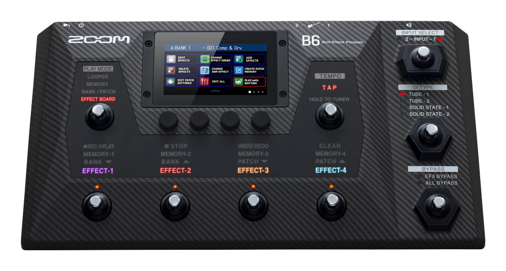 Zoom B6 multi-effects processor pedal with a color display, four effect footswitches, and various control knobs and buttons.