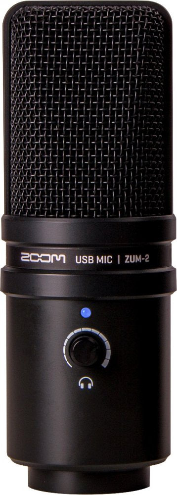 Black studio microphone with mesh grille, control knob, and ZOOM USB MIC ZUM-2 labeling.