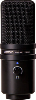 Black studio microphone with mesh grille, control knob, and ZOOM USB MIC ZUM-2 labeling.