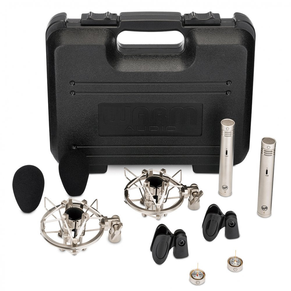 Two small condenser microphones with accessories and a black carrying case labeled Warm Audio.