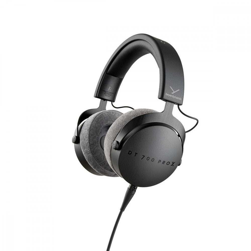 Black over-ear wired headphones with padded headband and ear cushions showing DT 700 PRO X text on ear cup.