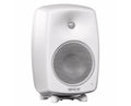 White active speaker with front metal grilles and Genelec branding on bottom front panel.