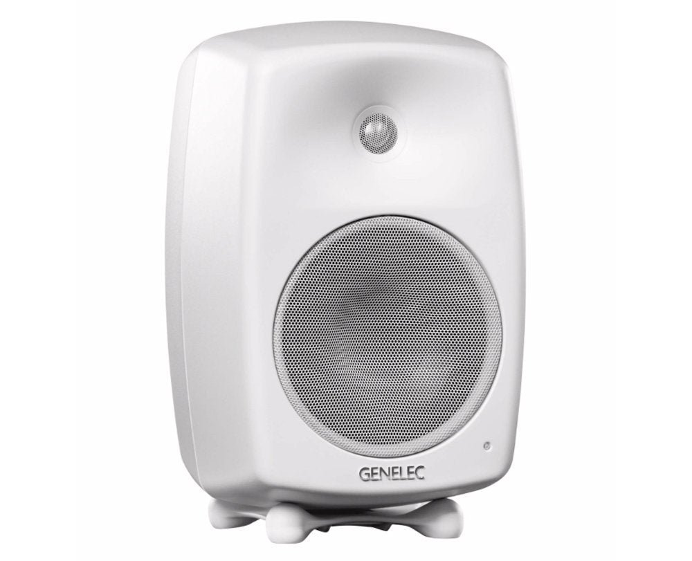 White active speaker with front metal grilles and Genelec branding on bottom front panel.