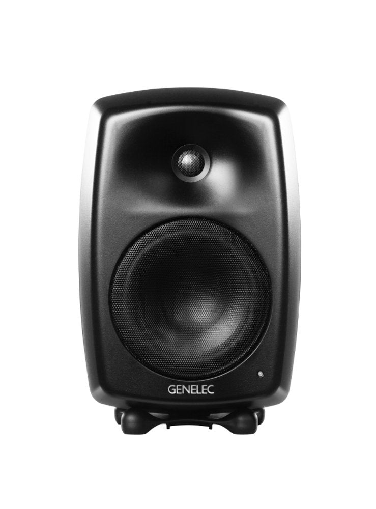 Front view of a black Genelec studio monitor speaker with metal mesh covers and brand text.