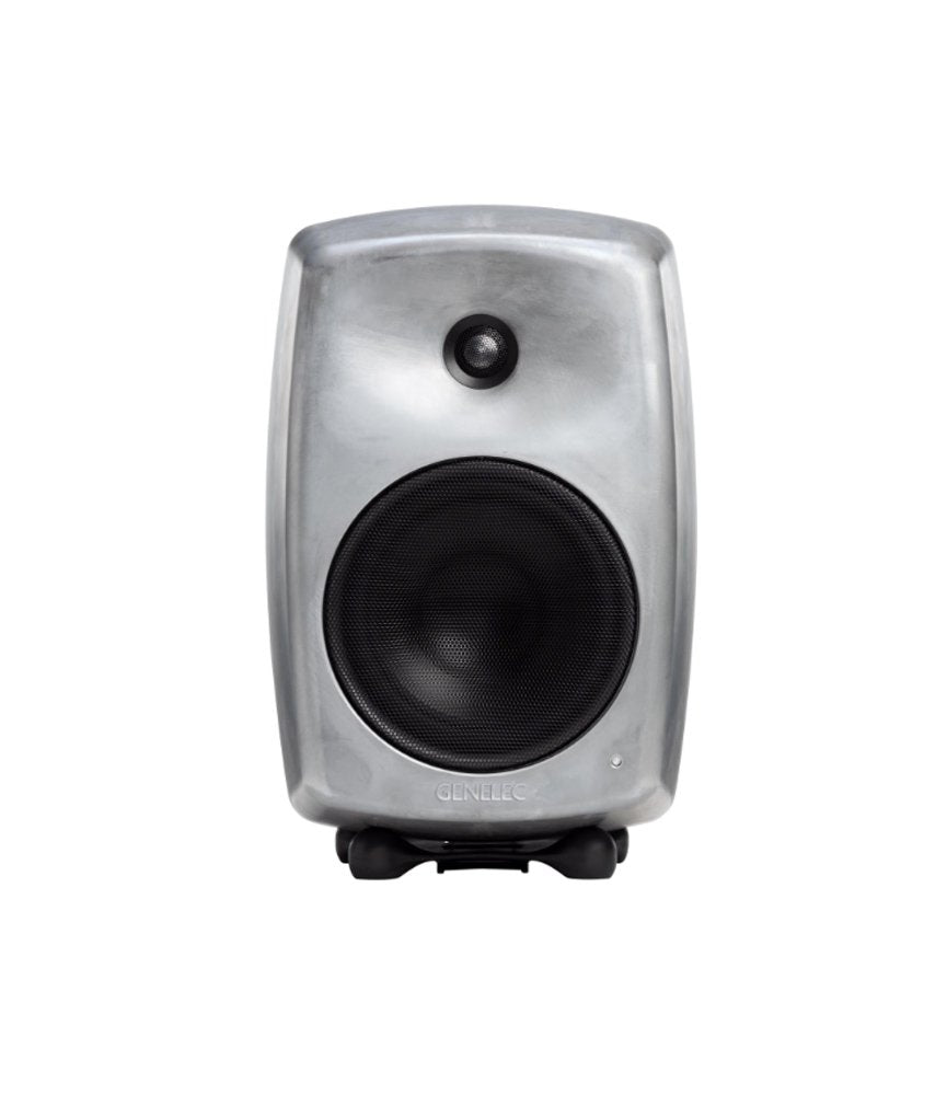 Front view of a silver-colored speaker with black speaker grilles and a small logo at the bottom