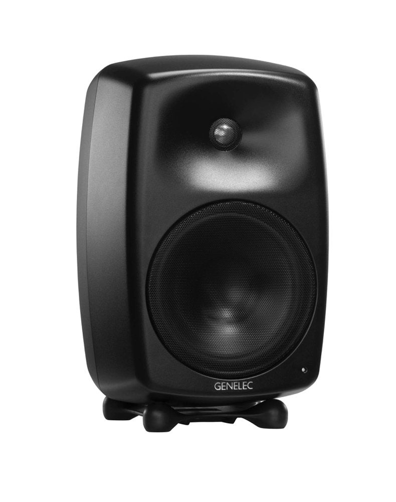 Black active studio monitor speaker with a tweeter and woofer on a rubber isolation stand.