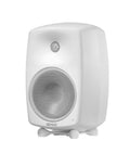White studio monitor speaker with metal mesh on drivers and Genelec logo on the front.