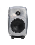 Front view of a raw metal finish studio monitor speaker with a tweeter and woofer visible.