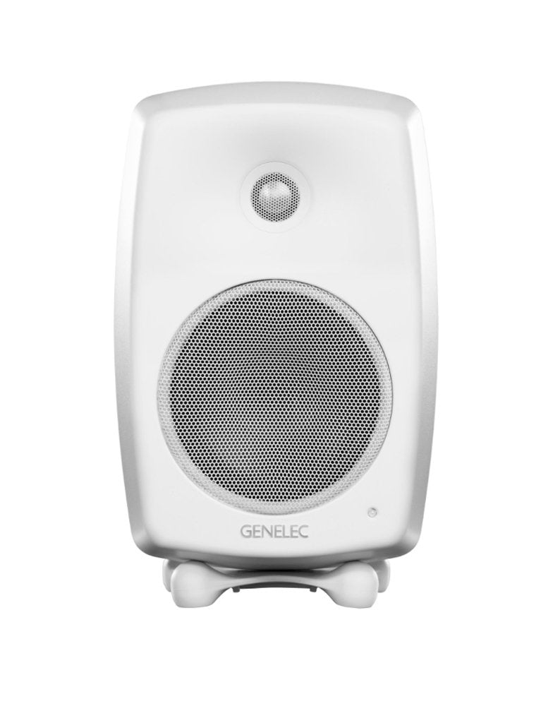 Front view of a white Genelec active studio monitor speaker with metal mesh grills and logo.