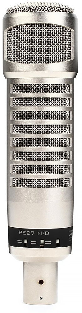 Silver studio microphone with a mesh grille and switches near the connector end.
