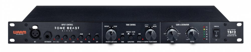 Black rackmount audio preamplifier device with multiple input options and control knobs labeled TB12 Tone Beast