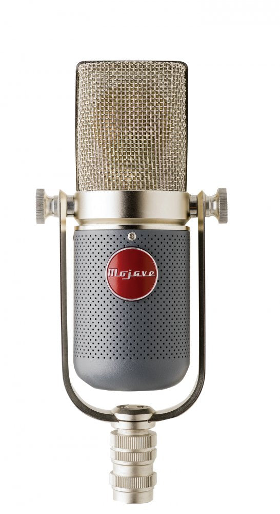 Front view of a silver and grey studio microphone with a red circular logo labeled Mojave.