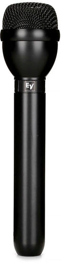 Black handheld microphone with a metal mesh grille and EV logo on the body.