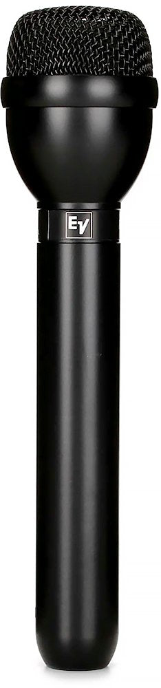 Black handheld microphone with a metal mesh grille and EV logo on the body.