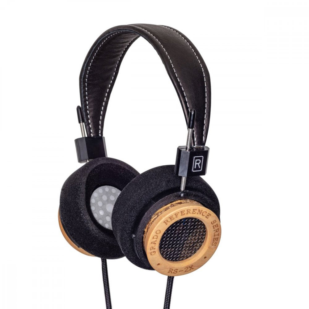 Black and tan over-ear wired headphones with wooden ear cups and padded leather headband.