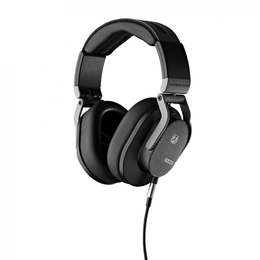 Black and gray over-ear headphones with a padded headband and a detachable audio cable.