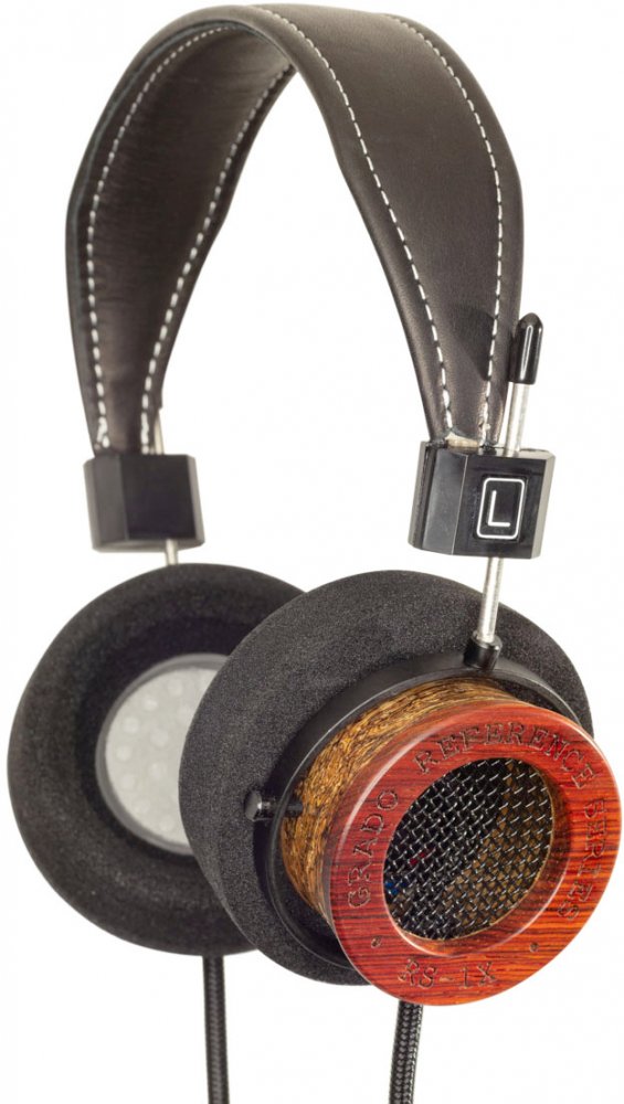 Over-ear headphones with foam ear pads, wooden outer cups, and a stitched leather headband.