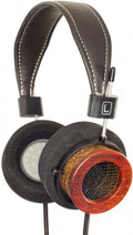 Over-ear headphones with foam ear pads, wooden outer cups, and a stitched leather headband.
