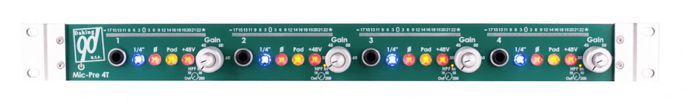 Front view of four-channel green audio preamp with gain knobs, pad, phantom power, and HPF switches and 1/4 inch inputs.