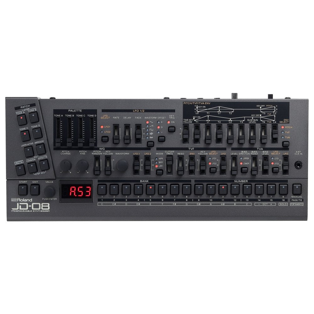 Black Roland JD-08 programmable synthesizer with buttons, sliders, knobs, and a small display screen.