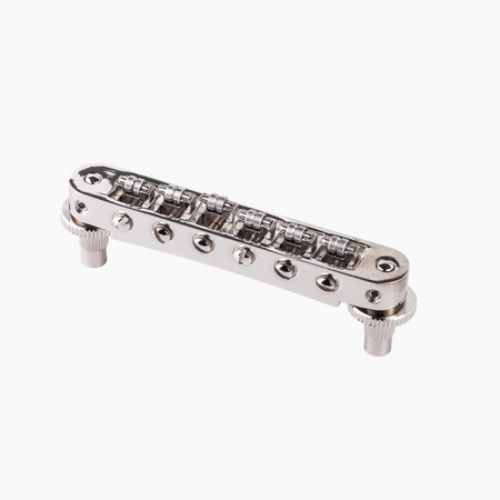Silver metal roller bridge for guitar with adjustable screw knobs on either end