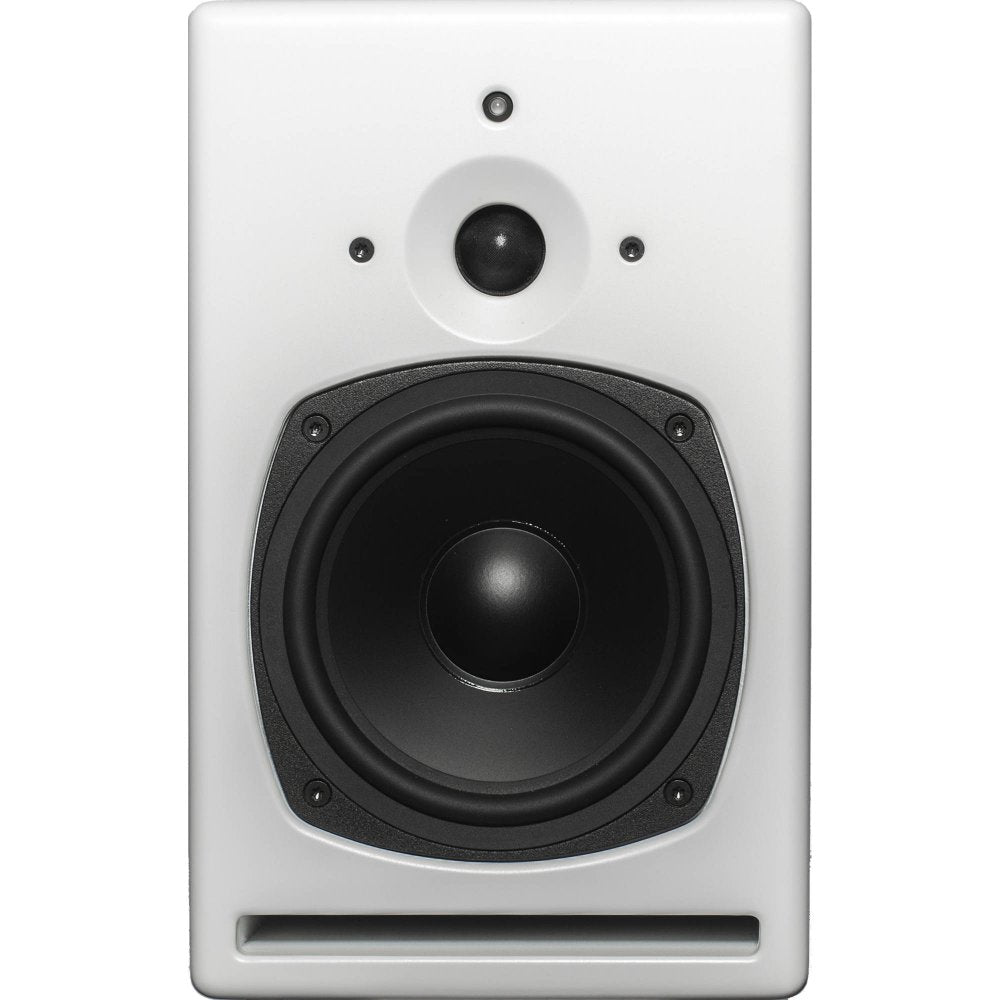 Front view of a white studio monitor speaker with a large woofer, smaller tweeter, and bass port at the bottom.