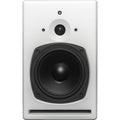 Front view of a white studio monitor speaker with a large woofer, smaller tweeter, and bass port at the bottom.