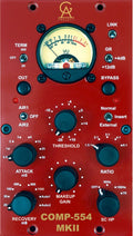 Front panel of a red audio processor with switches, knobs, a meter, and multiple labeled controls including VU meter and threshold knob.