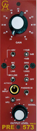 Red audio preamp panel with gain and output level knobs, multiple toggle switches, and a 1/4 inch DI input jack.