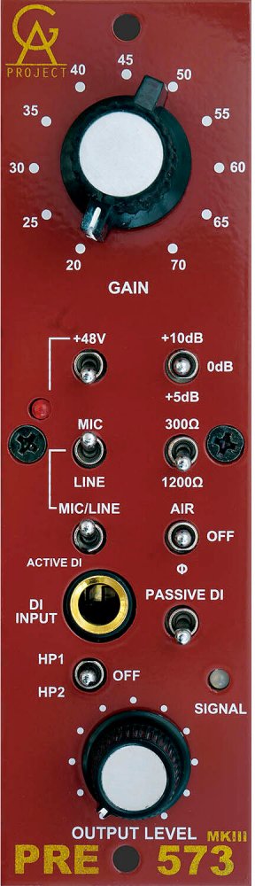 Red audio preamp panel with gain and output level knobs, multiple toggle switches, and a 1/4 inch DI input jack.