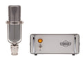 Silver microphone and a matching silver power supply unit with a toggle switch and an orange indicator light.